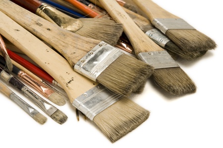 A large group of different sizes of paintbrushes isolated on white background.の写真素材