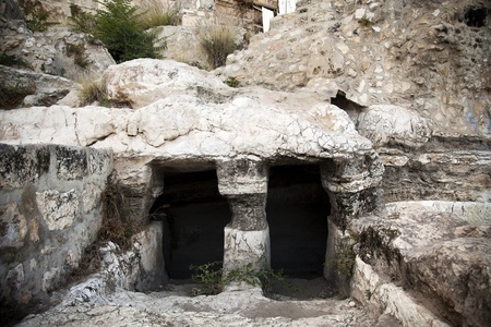 An ancient tomb entrance just outside the walls of the old city of Jerusalem  This is similar to the type Jesus Christ would have been buried in  の写真素材