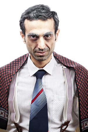 Studio portrait of an adult man (mid 30's) wearing old-man clothes and makeup, and giving an alluring look full with sexual intentions to the camera. Creepy.の写真素材