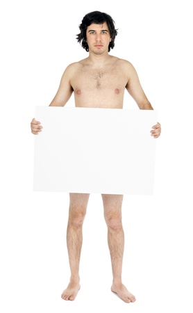 Full length view of an adult Caucasian man in his early 30's looking at the camera with a blank expression and holding a blank sign which is covering his private parts. Is he nude? Isolated on white background.の写真素材