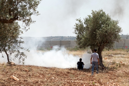 Bil'in, Palestine - May 17th, 2013: Two young Palestinians close by to a spreading cloud of tear gas shot at them by the Israeli army from beyond the wall of separation in the west bank, in the middle of a protest against the occupation.のeditorial素材