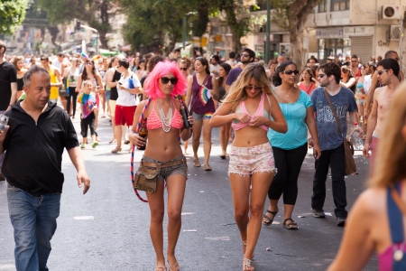 Tel-Aviv, Israel - June 7, 2013: People partying at the annual gay parade in the streets of Tel-Aviv.のeditorial素材