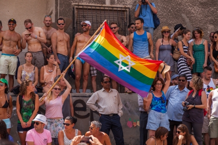Tel-Aviv, Israel - June 7, 2013: People partying at the annual gay parade in the streets of Tel-Aviv.のeditorial素材