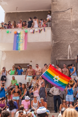 Tel-Aviv, Israel - June 7, 2013: People partying at the annual gay parade in the streets of Tel-Aviv.のeditorial素材