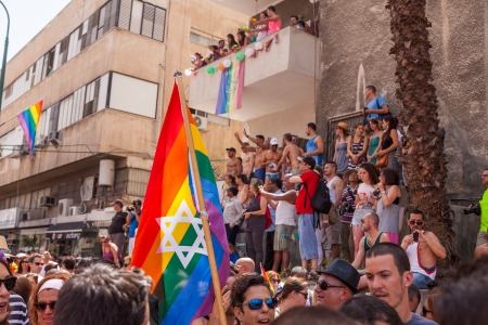 Tel-Aviv, Israel - June 7, 2013: People partying at the annual gay parade in the streets of Tel-Aviv.のeditorial素材