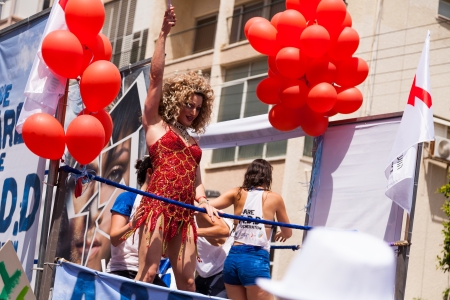 Tel-Aviv, Israel - June 7, 2013: People partying at the annual gay parade in the streets of Tel-Aviv.のeditorial素材