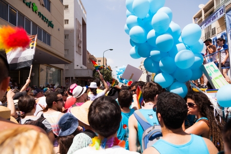Tel-Aviv, Israel - June 7, 2013: People partying at the annual gay parade in the streets of Tel-Aviv.のeditorial素材