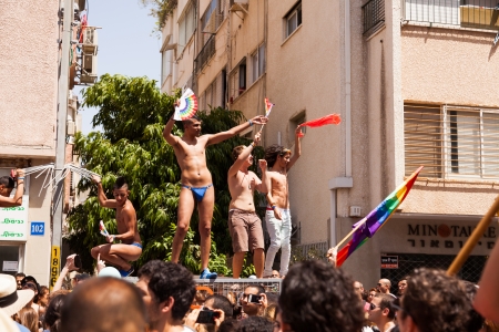 Tel-Aviv, Israel - June 7, 2013: People partying at the annual gay parade in the streets of Tel-Aviv.のeditorial素材