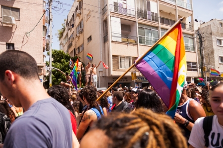 Tel-Aviv, Israel - June 7, 2013: People partying at the annual gay parade in the streets of Tel-Aviv.のeditorial素材