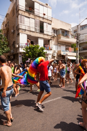 Tel-Aviv, Israel - June 7, 2013: People partying at the annual gay parade in the streets of Tel-Aviv.のeditorial素材