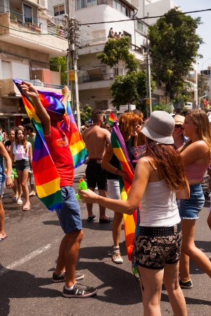Tel-Aviv, Israel - June 7, 2013: People partying at the annual gay parade in the streets of Tel-Aviv.のeditorial素材