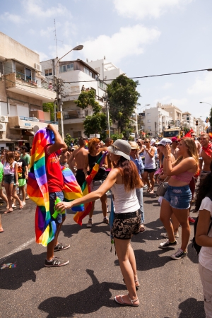 Tel-Aviv, Israel - June 7, 2013: People partying at the annual gay parade in the streets of Tel-Aviv.のeditorial素材