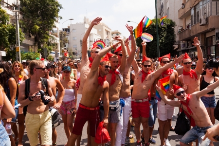 Tel-Aviv, Israel - June 7, 2013: People partying at the annual gay parade in the streets of Tel-Aviv.のeditorial素材