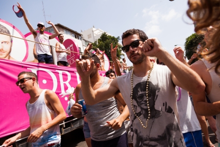 Tel-Aviv, Israel - June 7, 2013: People partying at the annual gay parade in the streets of Tel-Aviv.のeditorial素材