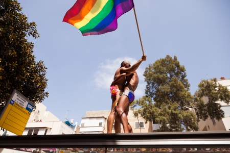 Tel-Aviv, Israel - June 7, 2013: People partying at the annual gay parade in the streets of Tel-Aviv.のeditorial素材