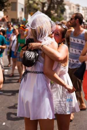 Tel-Aviv, Israel - June 7, 2013: People partying at the annual gay parade in the streets of Tel-Aviv.のeditorial素材