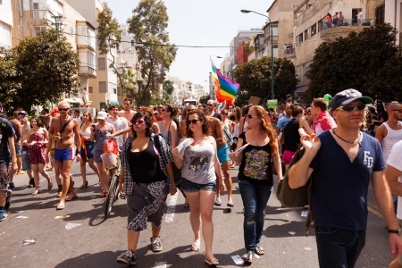 Tel-Aviv, Israel - June 7, 2013: People partying at the annual gay parade in the streets of Tel-Aviv.のeditorial素材