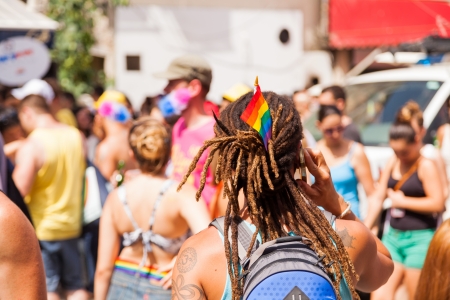 Tel-Aviv, Israel - June 7, 2013: People partying at the annual gay parade in the streets of Tel-Aviv.のeditorial素材