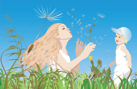 Mom, little-one and the dandelions ; Illustrator 8 / EPSのイラスト素材