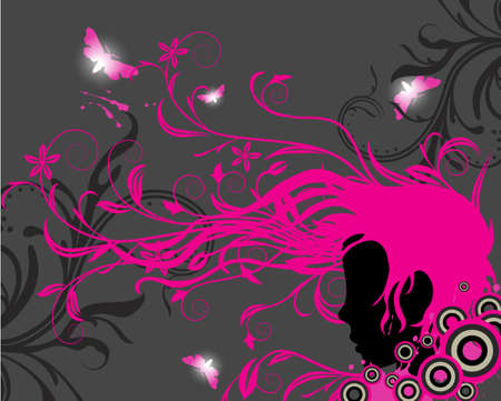 Girl silhouette with floral ornaments and swirls coming out from his hairのイラスト素材
