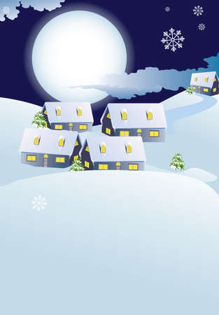 abstract christmas town and moon in snow-drift winter landscape,vector illustrationのイラスト素材