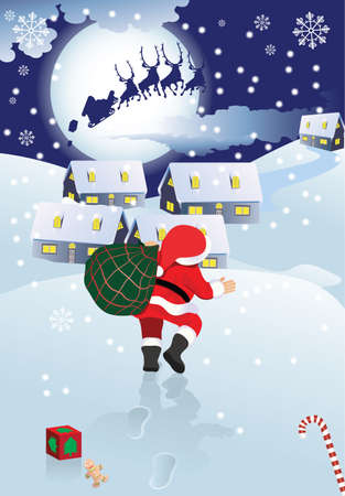 Santa Claus and sledge with presents,  christmas town and moon in snow-drift winter landscape, illustrationのイラスト素材