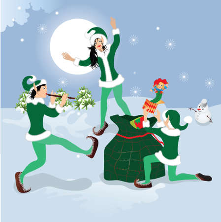 dancing elf with Christmas giftsのイラスト素材