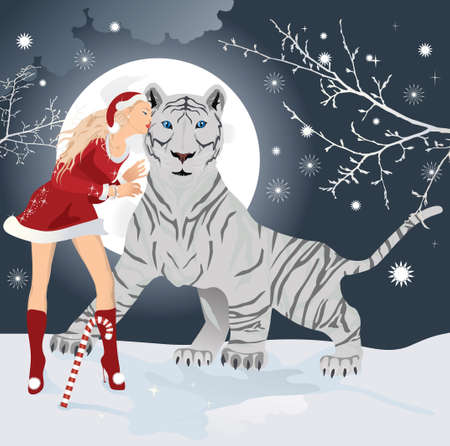 White Bengal tiger, symbol of new 2010 year with Christmas santa girlのイラスト素材