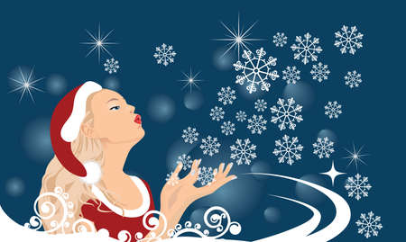 The girl blows off snowflakes from the handのイラスト素材