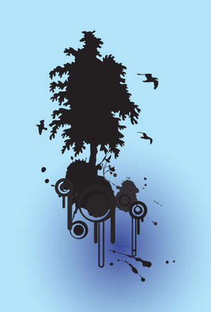 abstract floral tree silhouette background and birds flying, with place for your textのイラスト素材