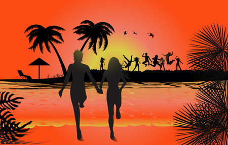 Jumping in sunset at beach, tropical backgroundsのイラスト素材
