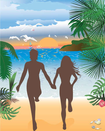 Jumping in sunset at beach, tropical backgroundsのイラスト素材