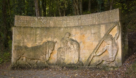 Fontibre, Spain, October 15, 2011 - Carved stone wall in Fontibreのeditorial素材