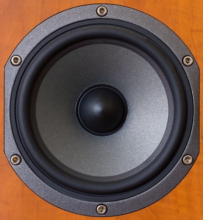 Close up of a wooden mid tones speakerの写真素材