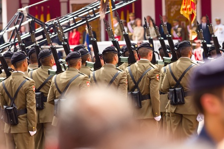 VALLADOLID, SPAIN – JUNE 2, 2012: Soldiers marching in the Armed Forces Day 2012, on June 2, 2012...