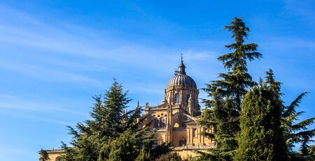 Salamanca Cathedral, made of sandstone, with some trees in front of it.の写真素材