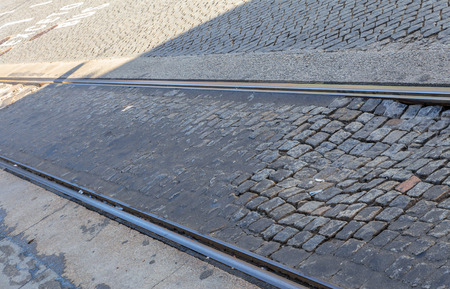 Old trolley rails in downtown Porto.の写真素材