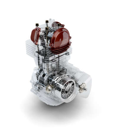 Assembled motorcycle performance engine in transparent case isolated on white