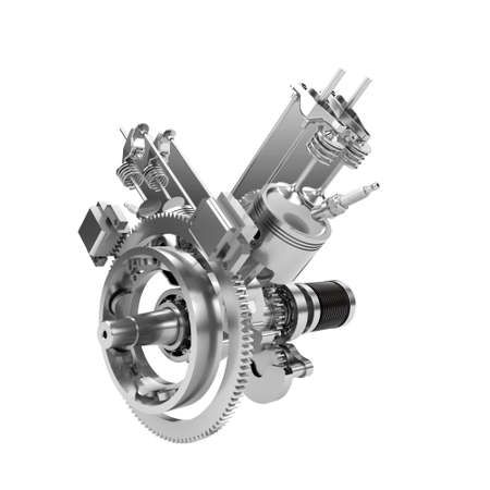 Disassembled V2 engine of large powerful motorbike isolated on white