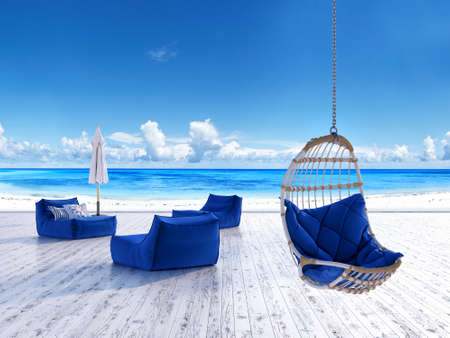 Beach lounge deck with sunbeds umbrella and hanging chair with sea view Beach lounge deck with sunbeds umbrella and hanging chair with sea view