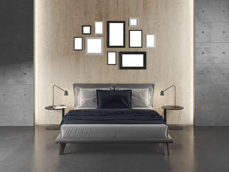 Modern Bedroom with concrete floor and walls. Mock up frames. Wooden Wall. 3D Render.
