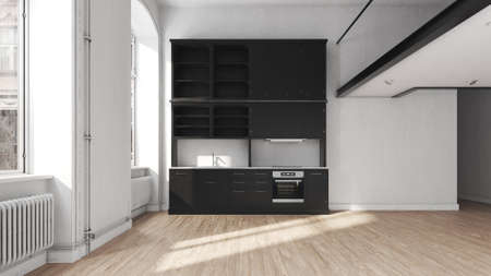 Scandinavian kitchen empty apartment interior without furniture with large wall and landscape in...