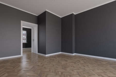 Scandinavian interior with wooden floor and dark walls