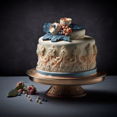 Birthday cake with cream and berries on a dark background. Toned.