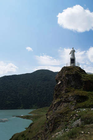 View of the reservoir of Zaramag. Mountains in the North Caucasus. The Monument Zurab Maskaevu