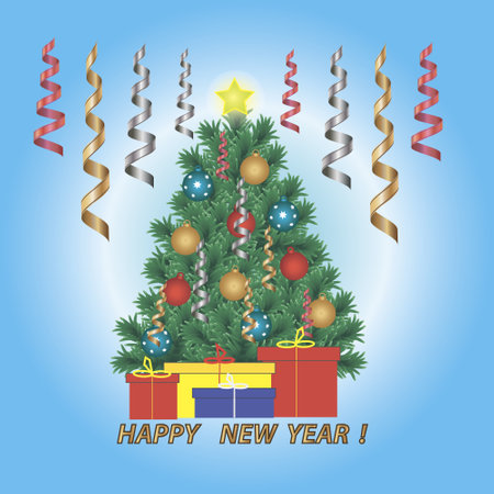 Christmas tree with toys, streamers and gift boxes on a blue background.のイラスト素材