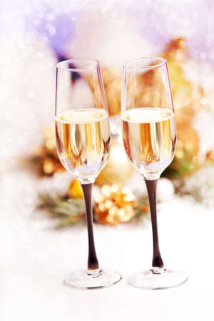 New Year and Christmas Celebration .Two Champagne Glasses in Holiday decoration. の写真素材
