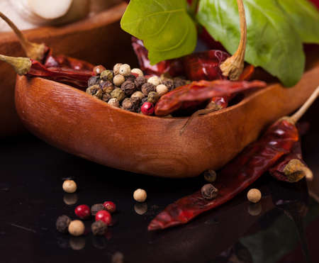 Vegetables and spices isolated  in black backgroundの写真素材