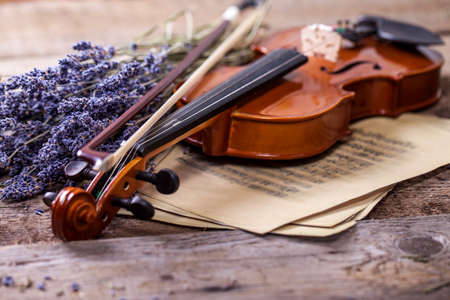 Vintage composition with violin and lavenderの写真素材