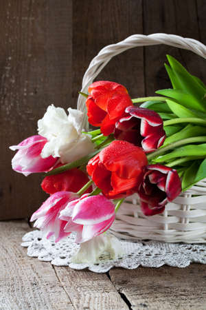 Tulip flowers in wooden backgroundの写真素材